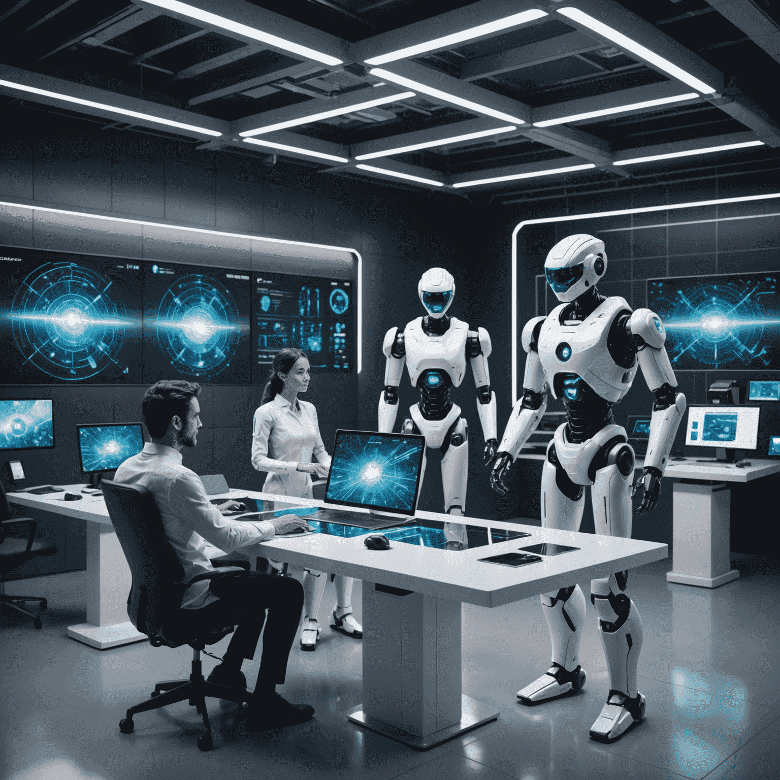 Futuristic AI-powered business environment with holographic displays and robots assisting human workers