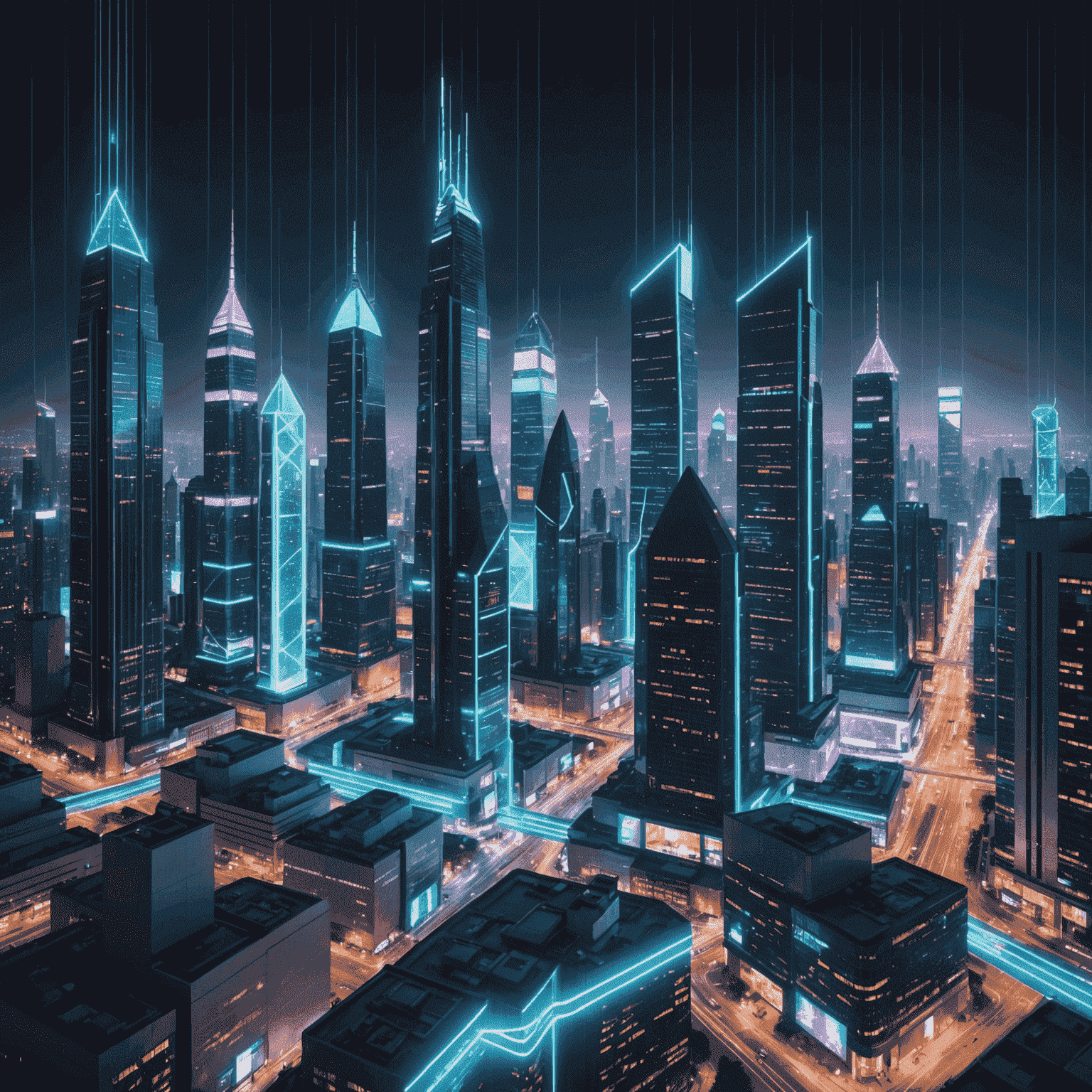 A futuristic cityscape with neon lights and digital overlays representing cybersecurity concepts. Holographic shields protect skyscrapers while binary code streams across the sky.