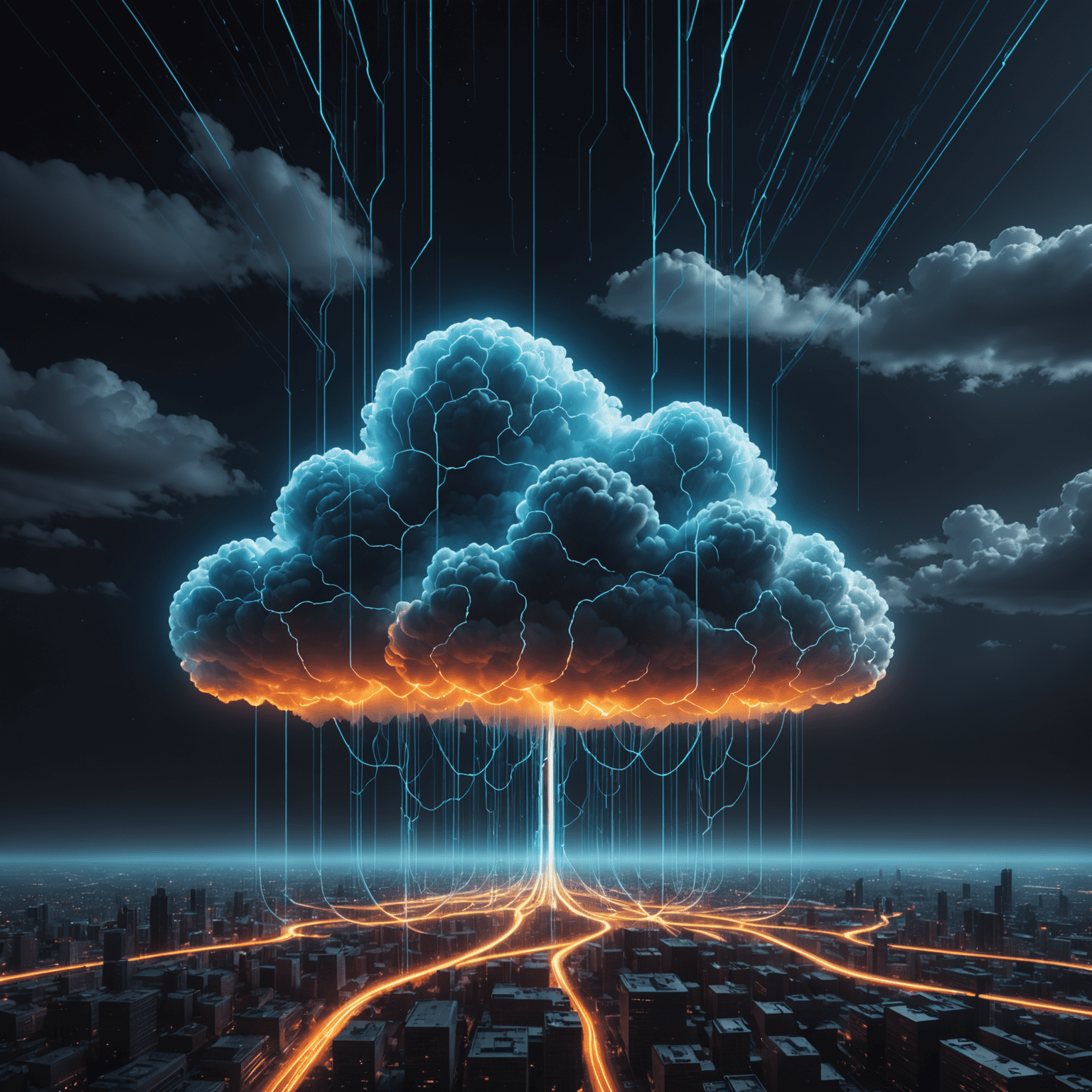 Futuristic visualization of cloud migration with neon data streams flowing from traditional servers to a glowing cloud structure