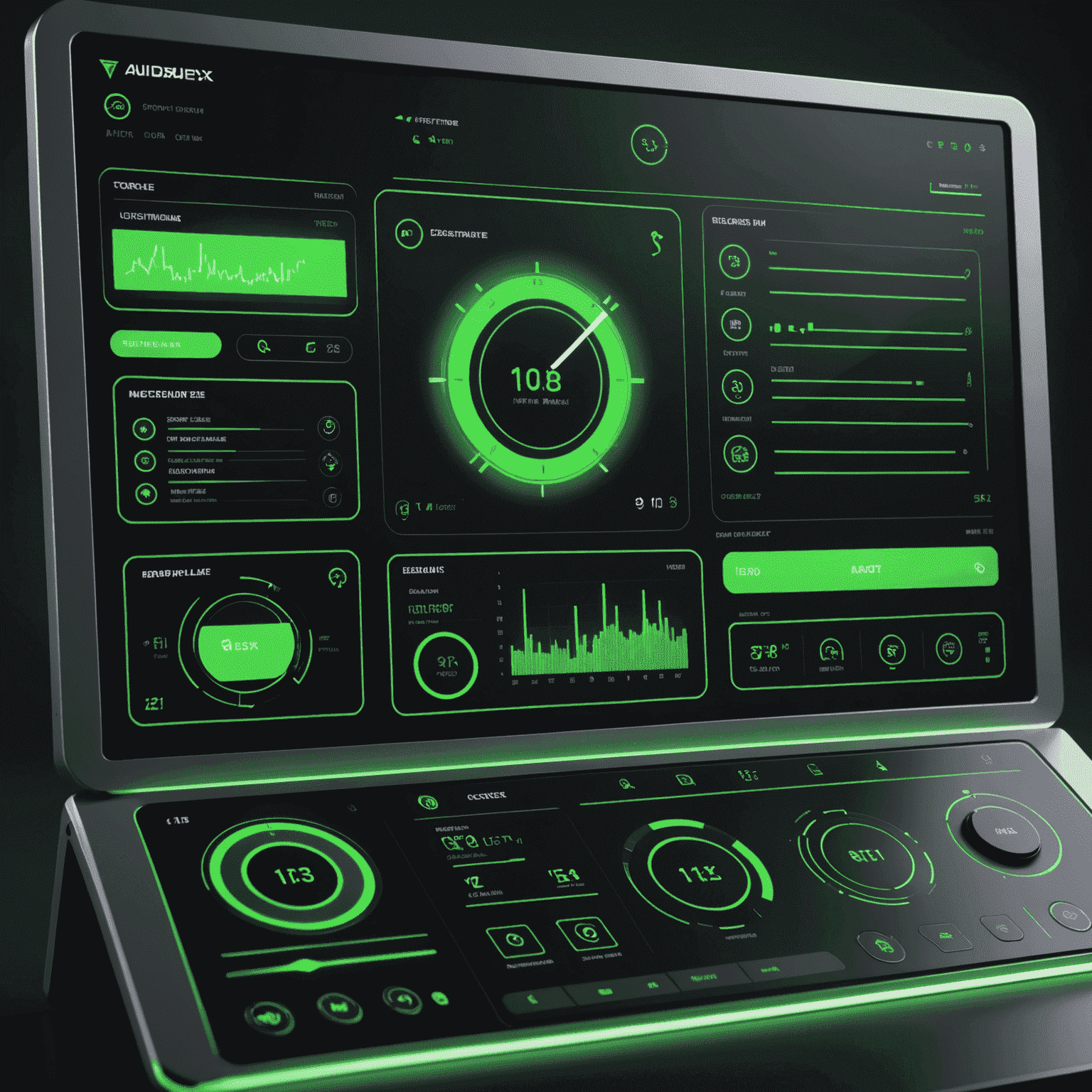 A futuristic interface showcasing custom software with neon green accents, displaying various modules and a sleek user dashboard.