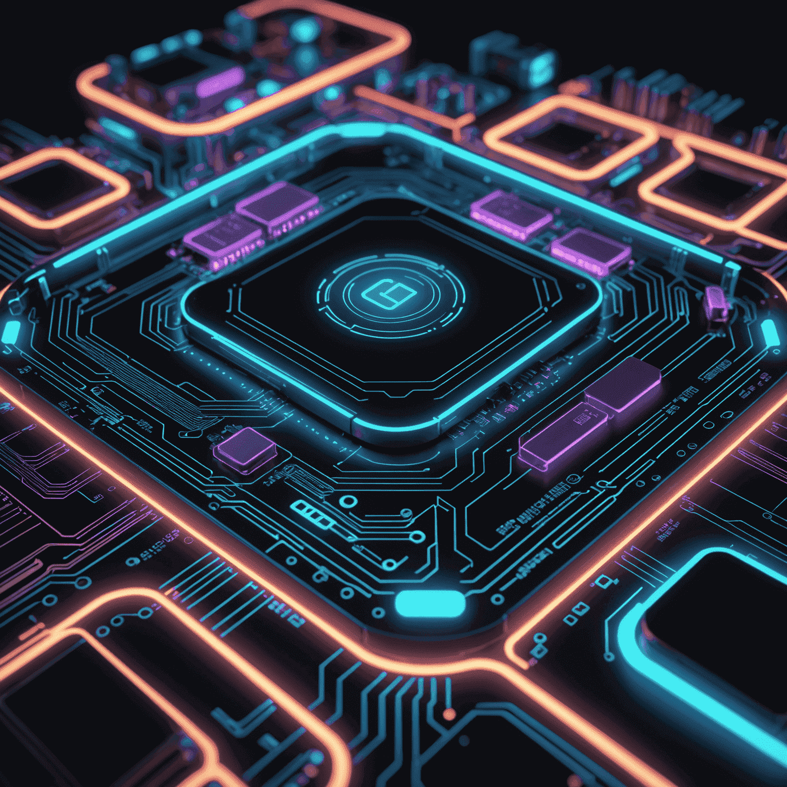 A futuristic representation of custom software development with neon circuit patterns and holographic interfaces