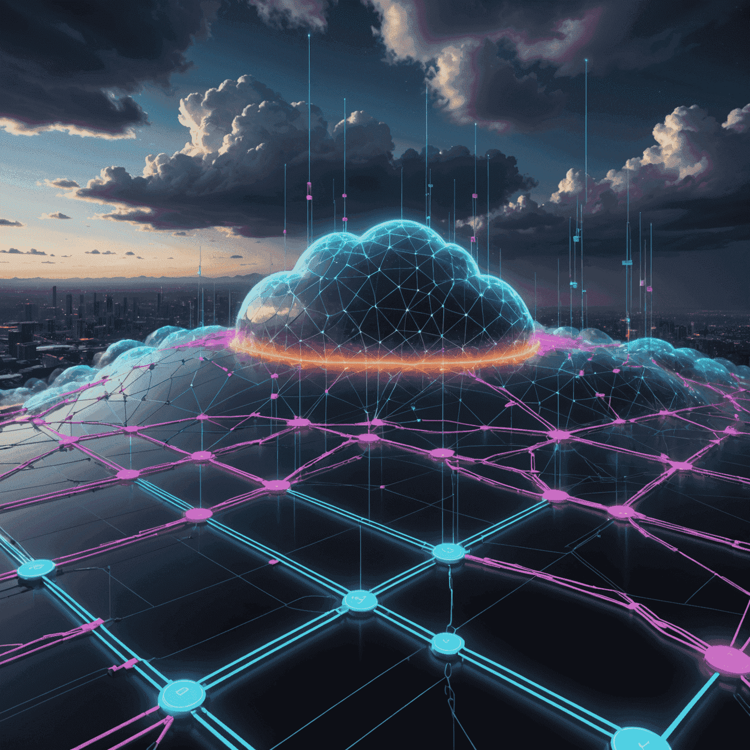 Futuristic visualization of cloud infrastructure with neon connections representing data flow and server clusters