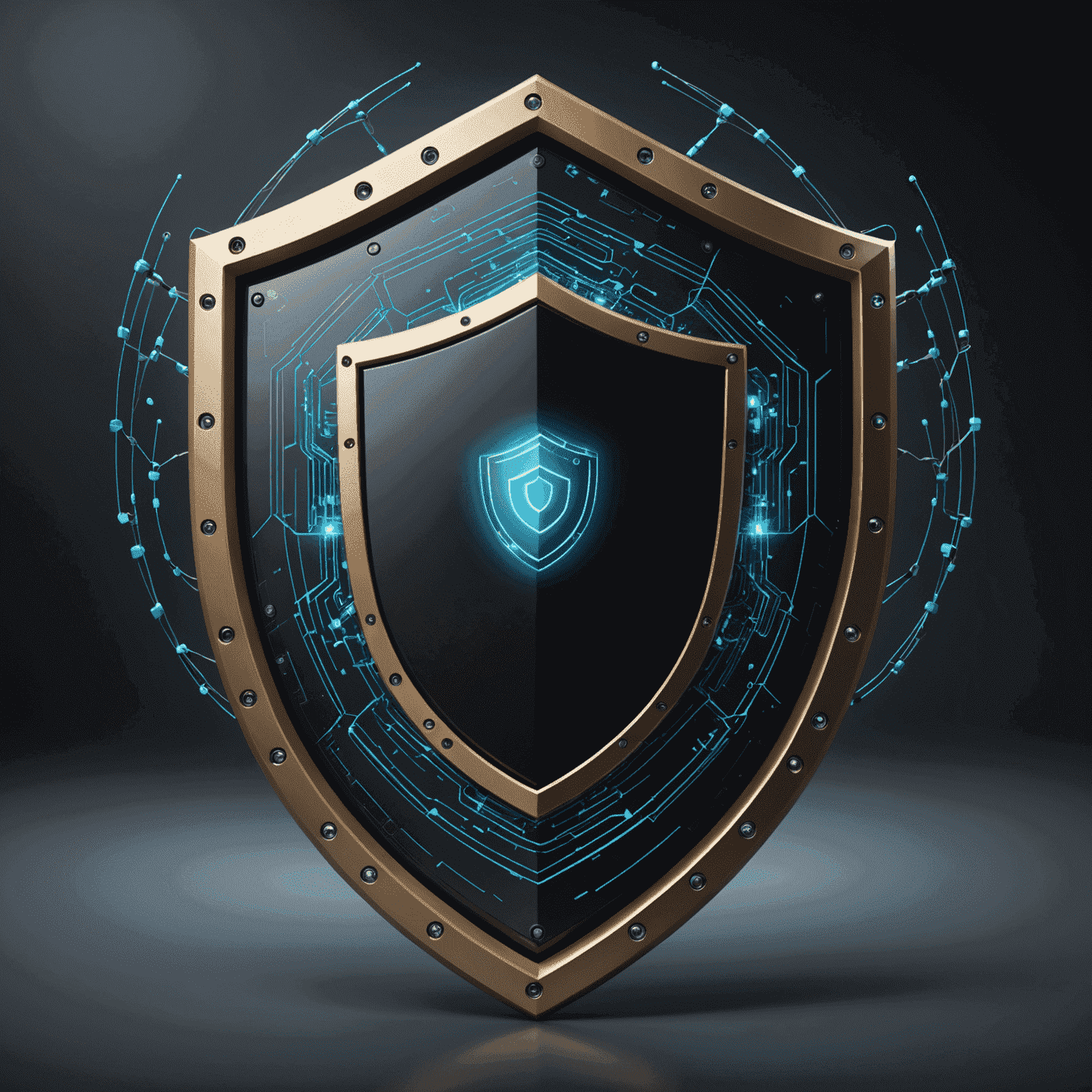 A futuristic digital shield protecting a network of connected devices, symbolizing robust cybersecurity measures