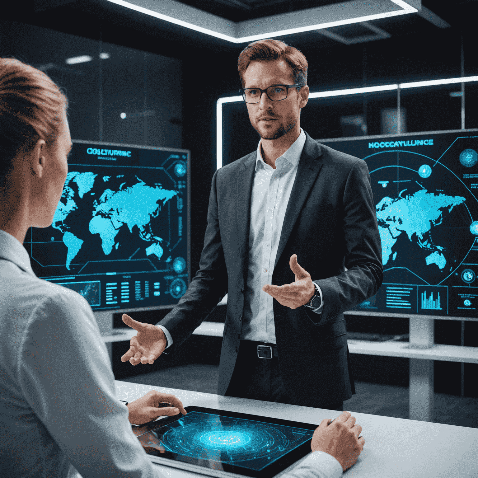 A futuristic image representing IT consulting with holographic displays, data visualizations, and a consultant interacting with advanced technology