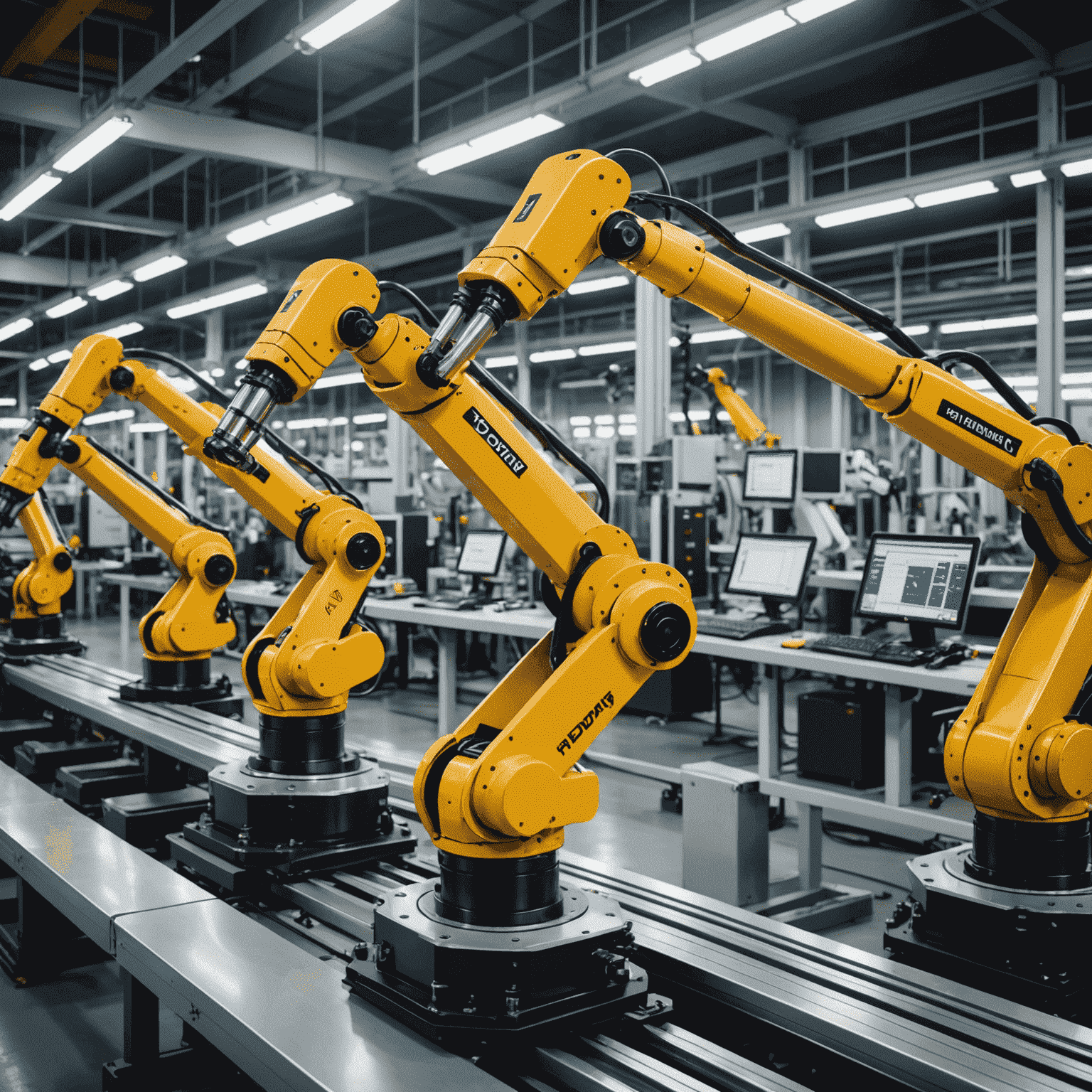 AI-powered robotic arms working on an assembly line, showcasing automation in manufacturing