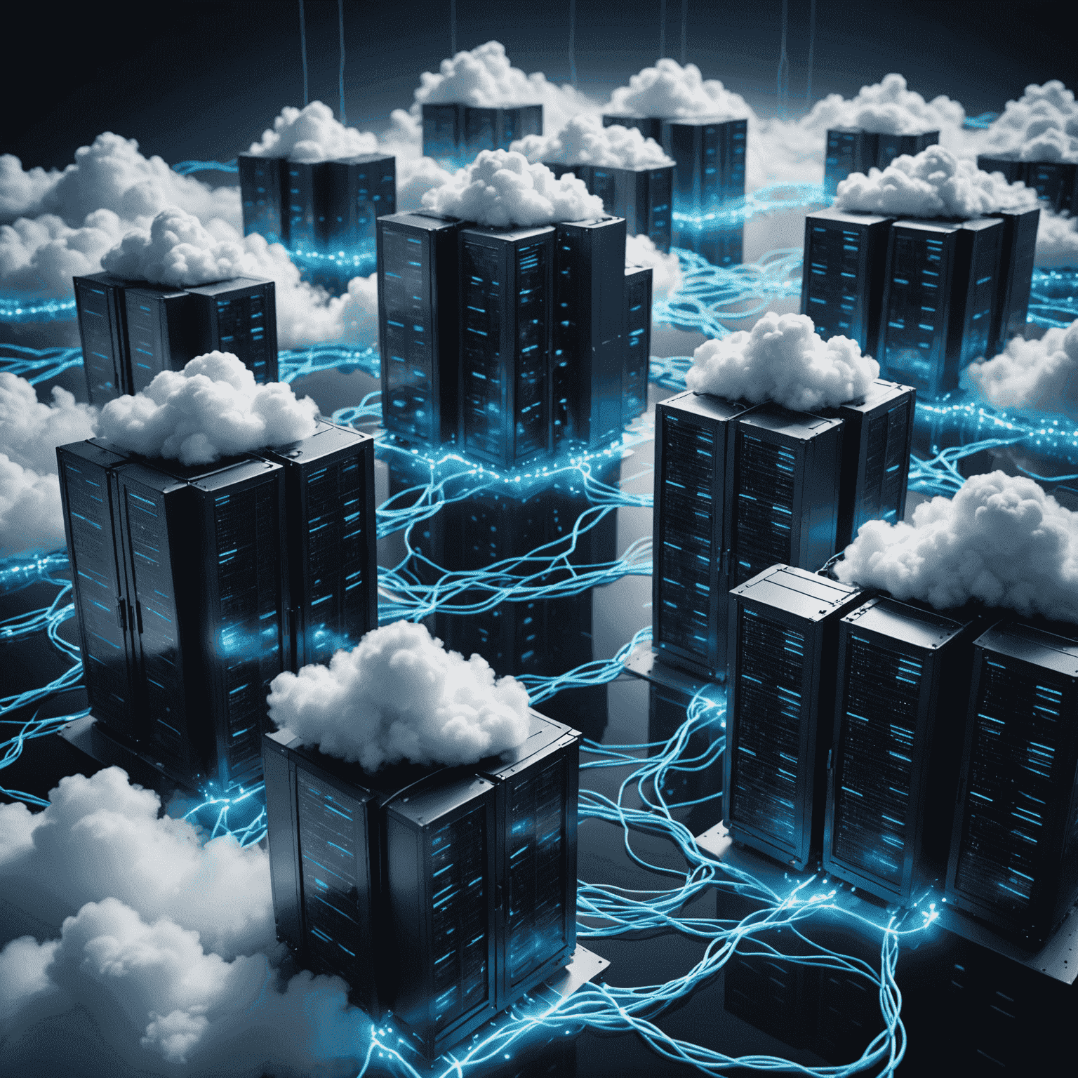 A network of interconnected cloud servers with electric blue data streams flowing between them, symbolizing cloud computing power.