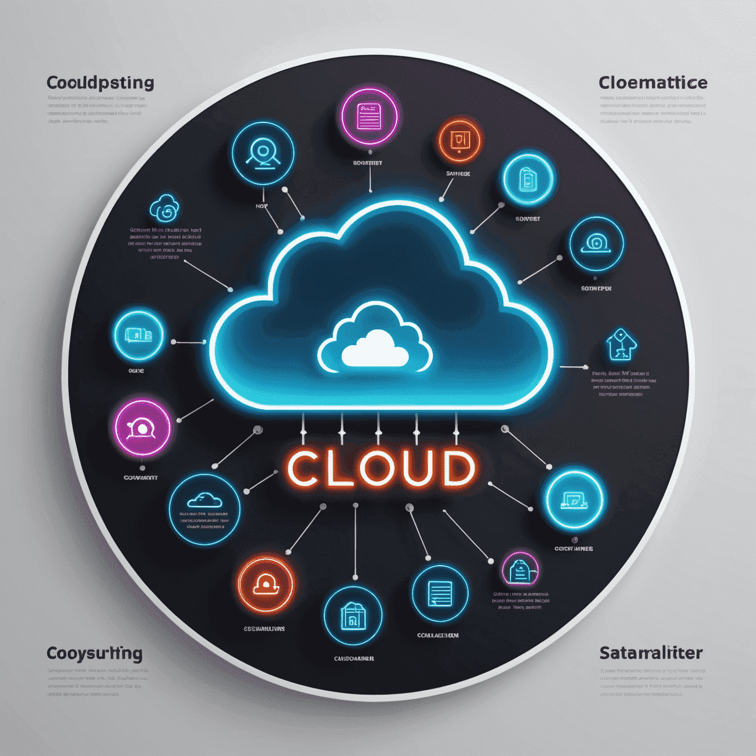 Infographic showing cloud computing benefits with neon icons representing scalability, security, cost-effectiveness, support, and customization