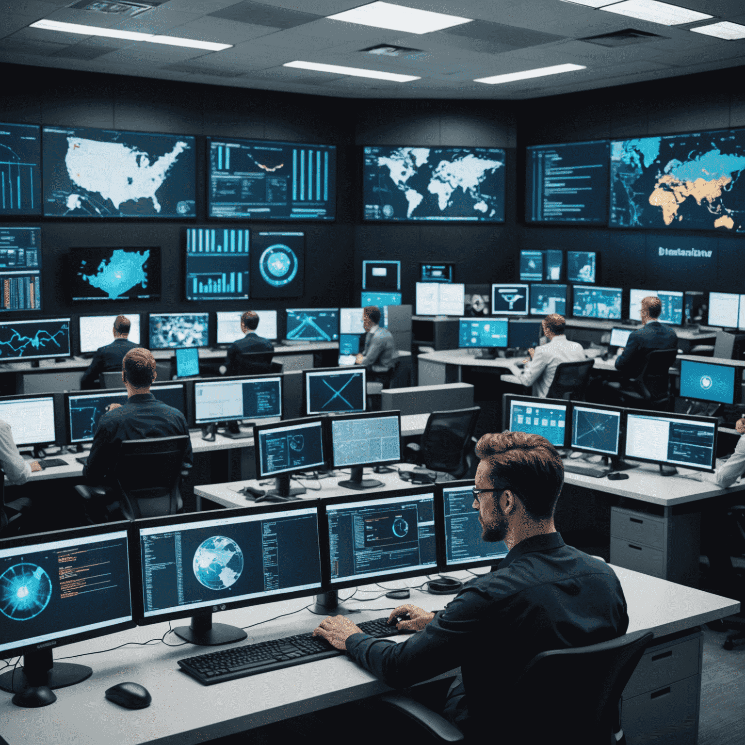 A diverse team of cybersecurity experts working in a high-tech operations center with multiple screens displaying security data