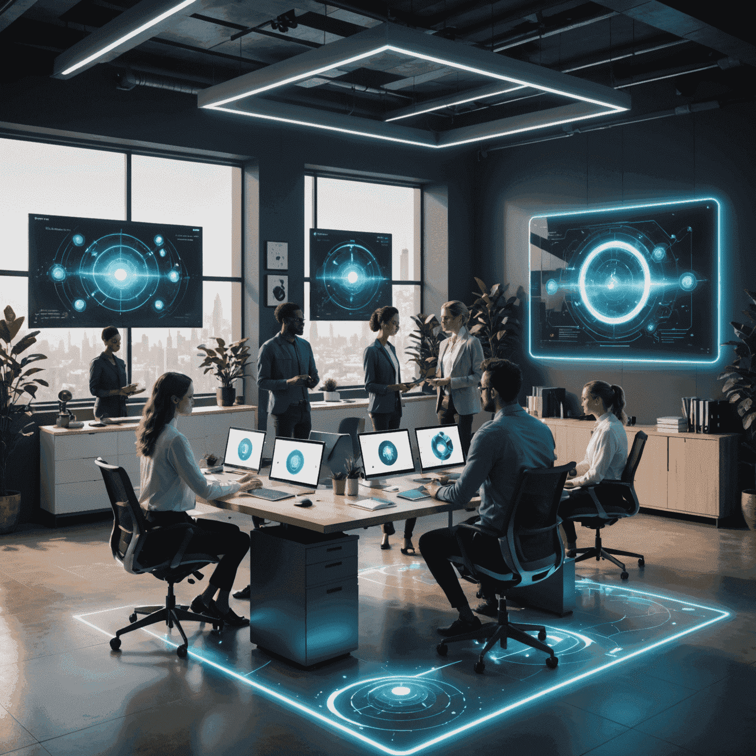 Futuristic office space with AI assistants and humans collaborating on holographic displays