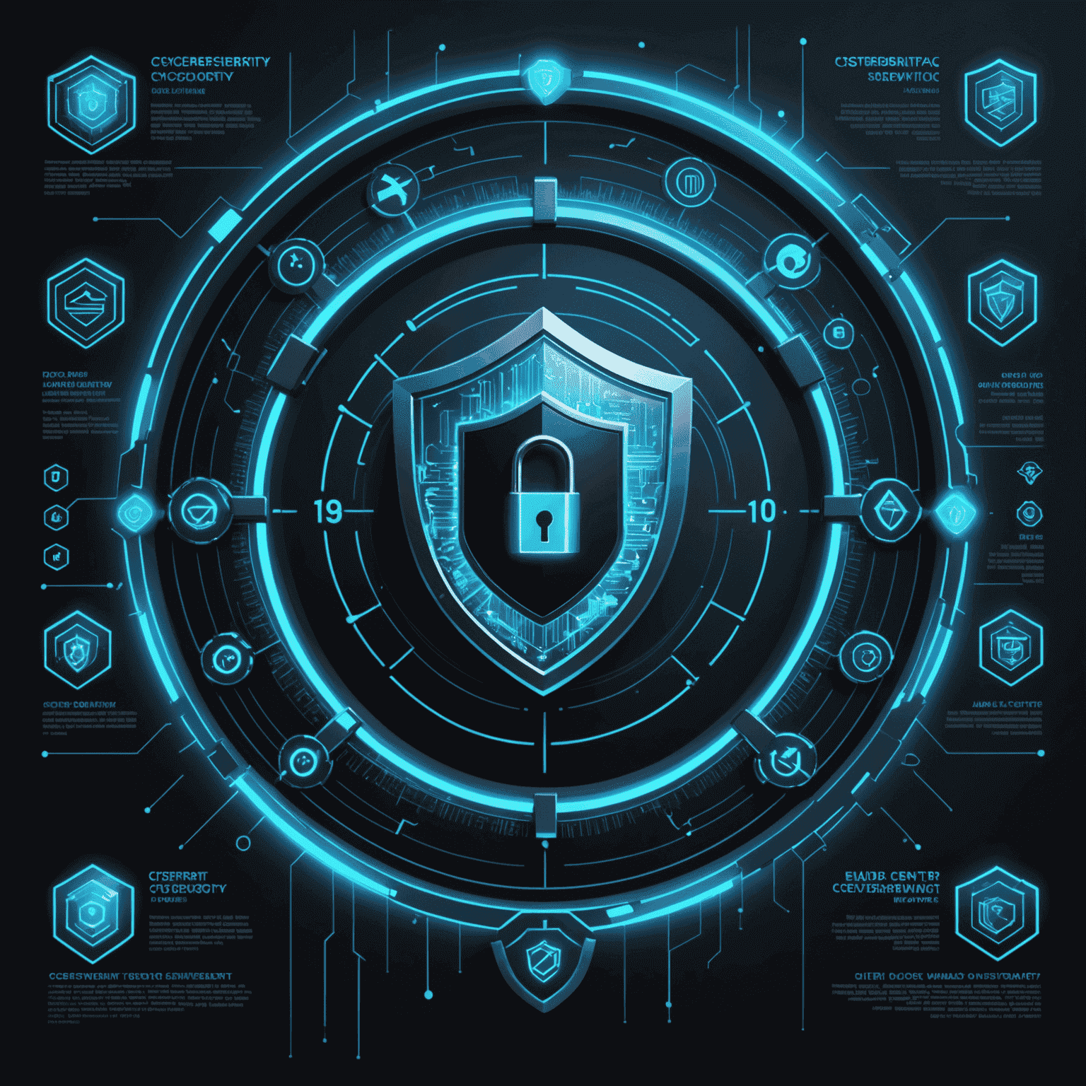 Cybersecurity infographic with neon blue shield, lock symbols, and digital threat visualizations