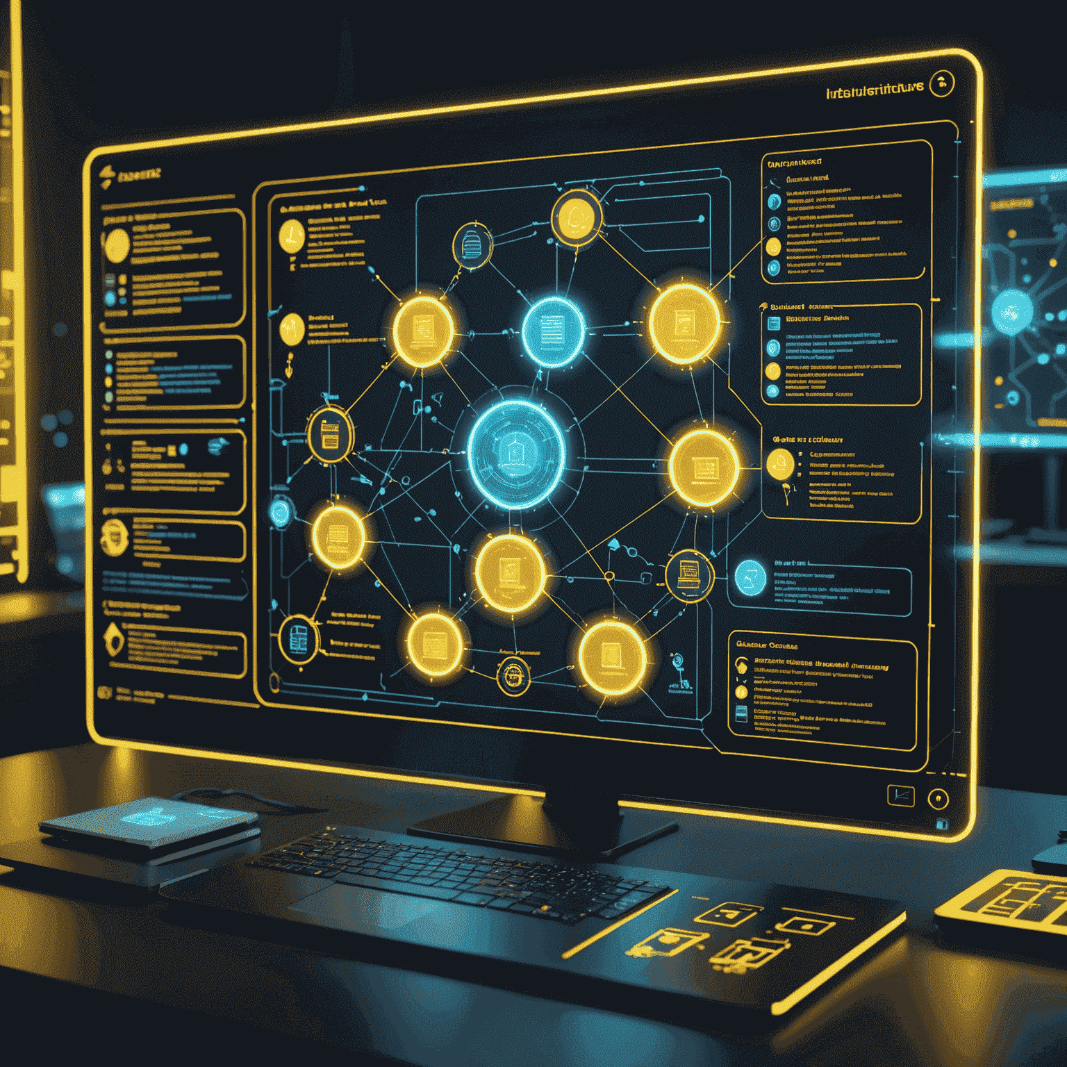 A holographic display showing complex IT infrastructure diagrams and strategy flowcharts, with a bright yellow glow symbolizing expert guidance.