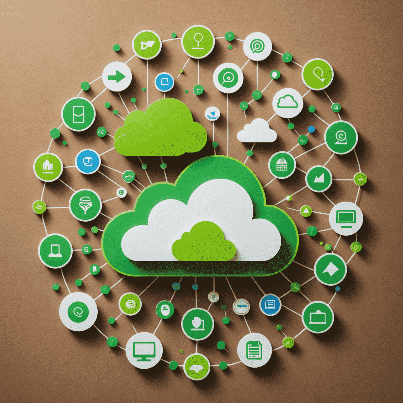 Abstract representation of cloud migration with neon green arrows pointing to a stylized cloud, surrounded by various business application icons