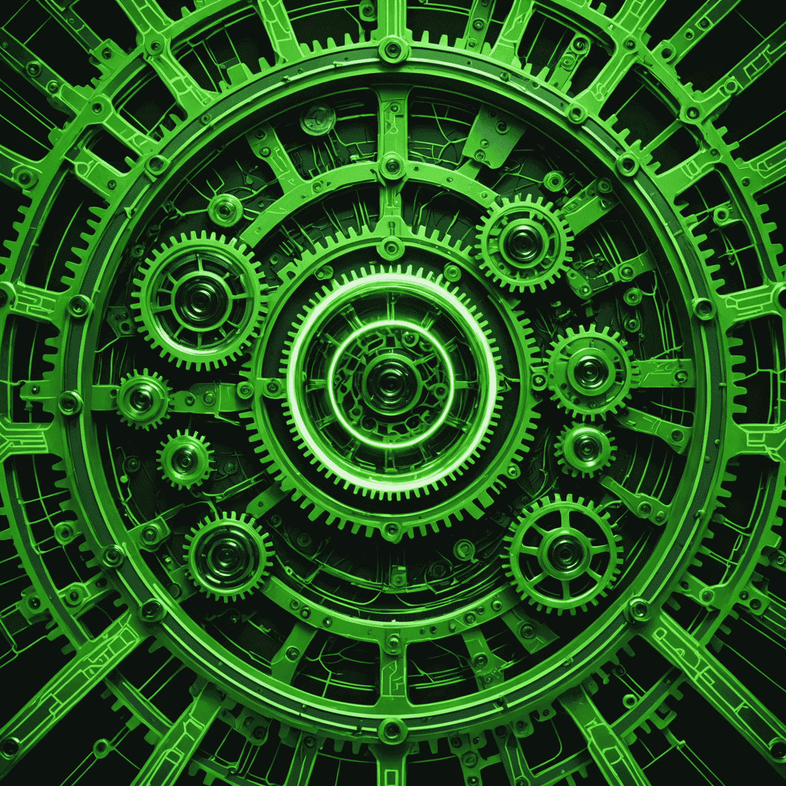 A complex network of interconnected gears and circuits with neon green light paths, representing seamless system integration.